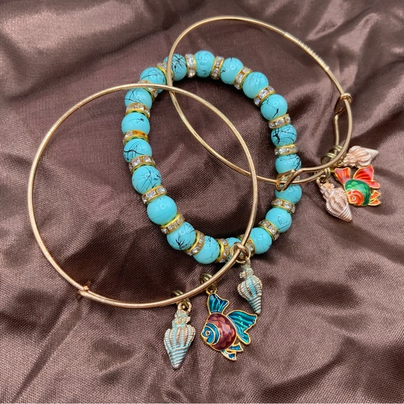 Set of 3 Handmade Bracelets Two Gold Bangles One Beaded Bracelet - Picture 2 of 3